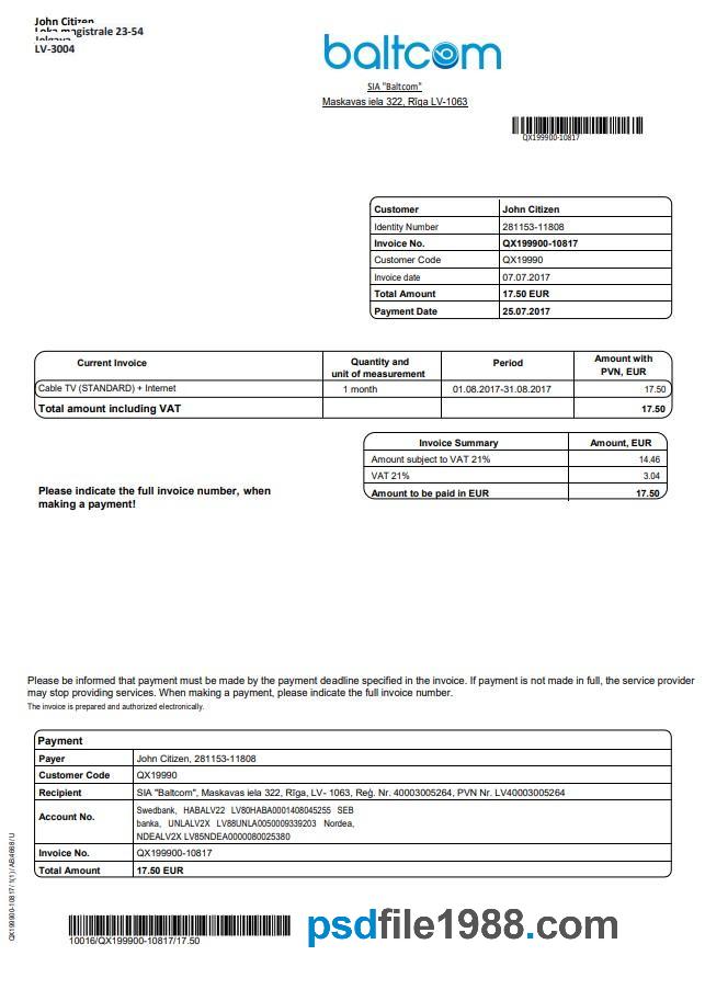 Latvia Baltcom Telecommunications Utility Bill